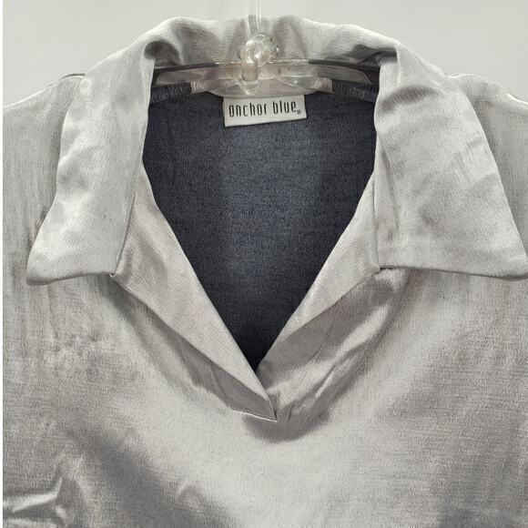 Anchor‎ Blue Shimmery Gray Stretchy Short Sleeve Blouse Top Cybercore - Picture 6 of 9